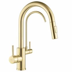 Златен смесител за кухня REA ECO FRESH GOLD с изтеглящ се 2-функционален чучур и с кранове за питейна вода и вода за миене