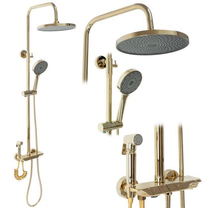 Златна стационарна душ система за баня с чучур и хигиенен ръчен душ REA MAX
