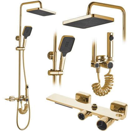 Златна стационарна душ система за баня с каскаден чучур и хигиенен ръчен душ HELIX
