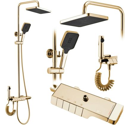 Златна термостатна стационарна душ система за баня с чучур и хигиенен ръчен душ ROB