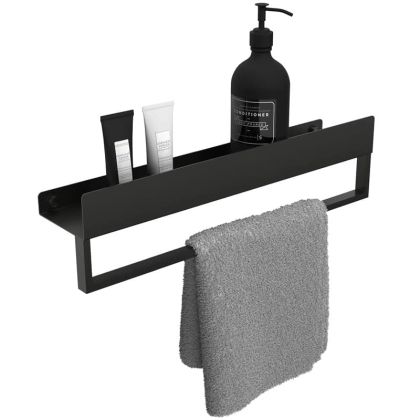 Черна комбинирана полица за баня и хавлийник REA SF01 BLACK 45 см