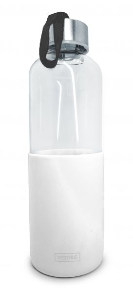 Nerthus Стъклена бутилка за вода със силиконов протектор - 600 мл - бяла