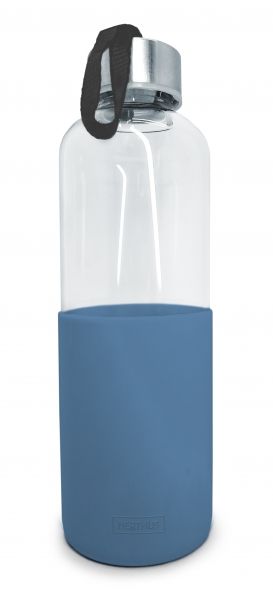 Nerthus Стъклена бутилка за вода със силиконов протектор - 600 мл - синя