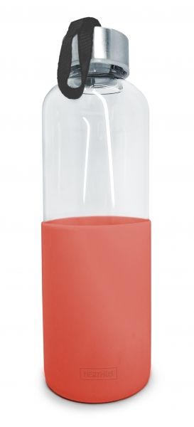 Nerthus Стъклена бутилка за вода със силиконов протектор - 600 мл - червена
