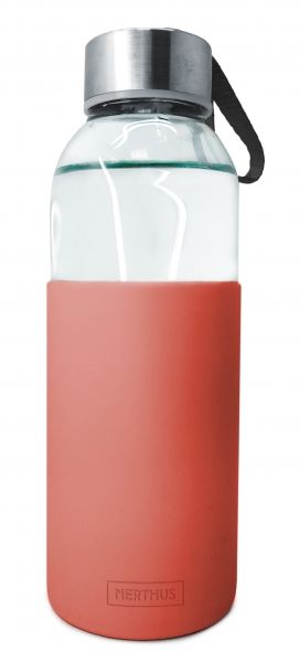 Nerthus Стъклена бутилка със силиконов протектор - 400 мл - червена