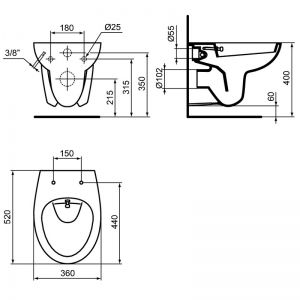 Стенна тоалетна чиния с вградена бидетна арматура EUROVIT IDEAL STANDARD W705501 - размери