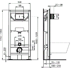 Структура за вграждане за конзолна тоалетна чиния с хромиран пневматичен бутон PROSYS 120 P