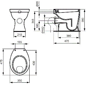 Тоалетна чиния с медицинско предназначение EUROVIT с хоризонтално оттичане IDEAL STANDARD V310601