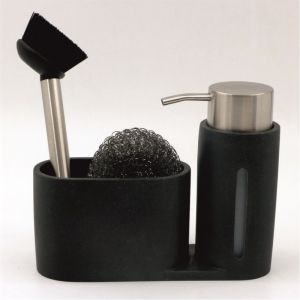 Черен дозатор за течен сапун за кухня с поставка за гъба и четка