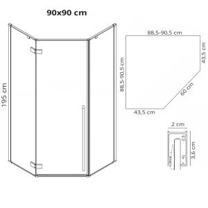 Черна петоъгълна душ кабина DIAMOND 90х90 см с 6 мм прозрачно стъкло