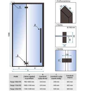 Преграден черен параван за баня със сгъваща се врата FARGO BLACK 100/110/120 см с 6 мм прозрачно стъкло