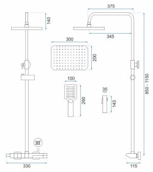 Черна термостатна стационарна душ система с чучур и хигиенен ръчен душ ROB