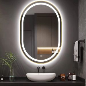 Овално огледало за баня REA OLL със златна рамка и LED осветление 60х90 см