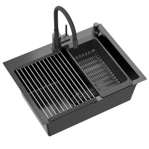 Черна мивка за кухня от неръждаема стомана с дозатор и отцедник REA LUKE 110 BLACK 58х45 см