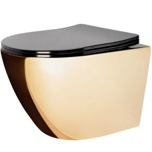 Златна стенна тоалетна чиния без ринг CARLO MINI Rimless с черна седалка
