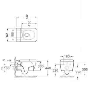 Окачена тоалетна чиния 48 см без ринг ICC 3435W SLIM
