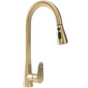 Златен матиран смесител за кухня REA MILD BRUSHED GOLD с изтеглящ се 2-функционален чучур