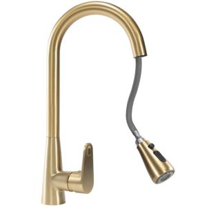 Златен матиран смесител за кухненска мивка REA MILD BRUSHED GOLD с изтеглящ се 2-функционален чучур
