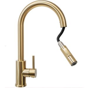 Матиран златен смесител за кухня REA FRESH BRUSHED GOLD с изтеглящ се 2-функционален чучур