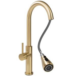 Златен кухненски смесител REA NEST BRUSHED GOLD с изтеглящ се 2-функционален чучур