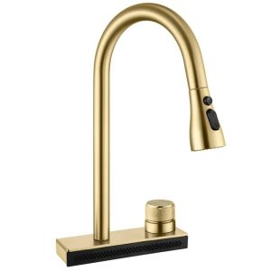Златен матиран каскаден смесител за кухня REA CONOR BRUSH GOLD с изтеглящ се 3-функционален чучур