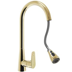Златен смесител за кухненска мивка REA MILD GOLD с изтеглящ се 2-функционален чучур